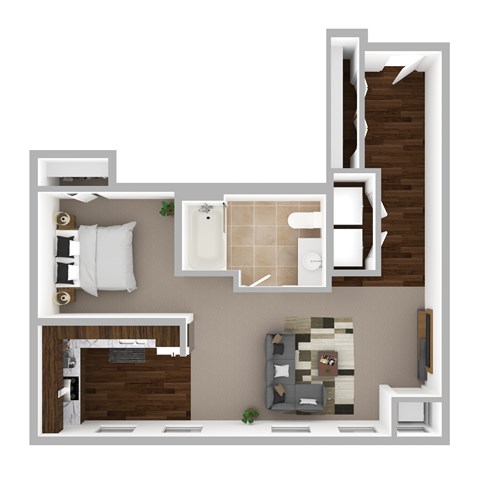 Floor plan for studio, 1 bath, 621 sqft